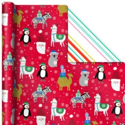 Hallmark Winter Friends 3-Pack Reversible Kids Christmas Wrapping Paper Assortment, 120 Sq. Ft. -Cozy Home Accents Deals Store Kids Reversible Christmas Gift Wrap Assortment 5JXW1073 06